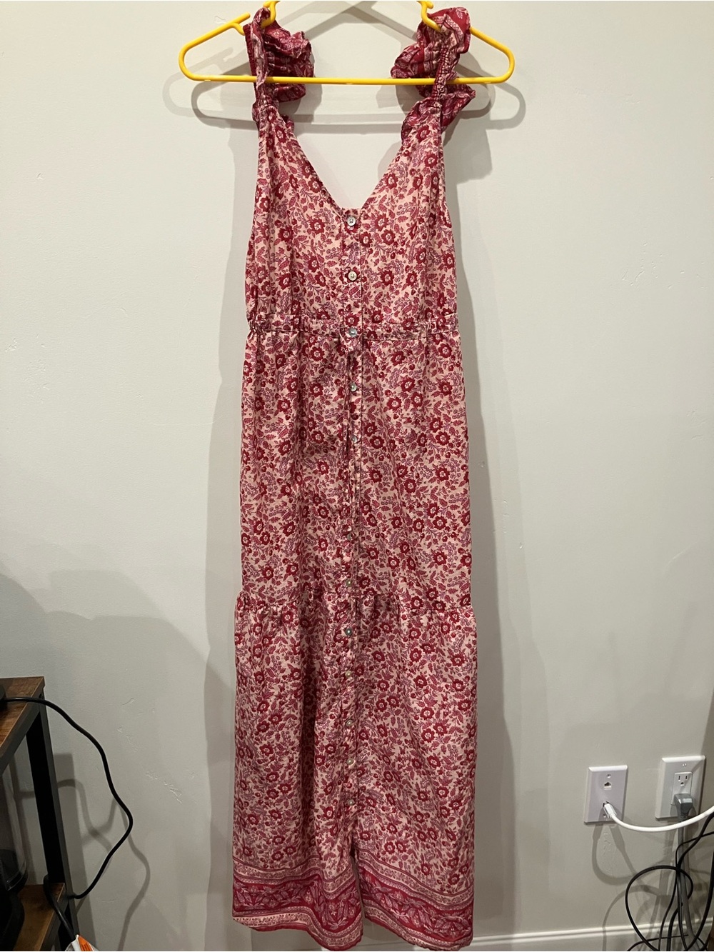 Faherty Hyland Maxi Dress with Ruffle Shoulders Red Pink